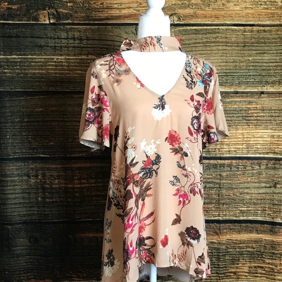 Beige Floral Top With Wrap Around Neck - Picture 3 of 3